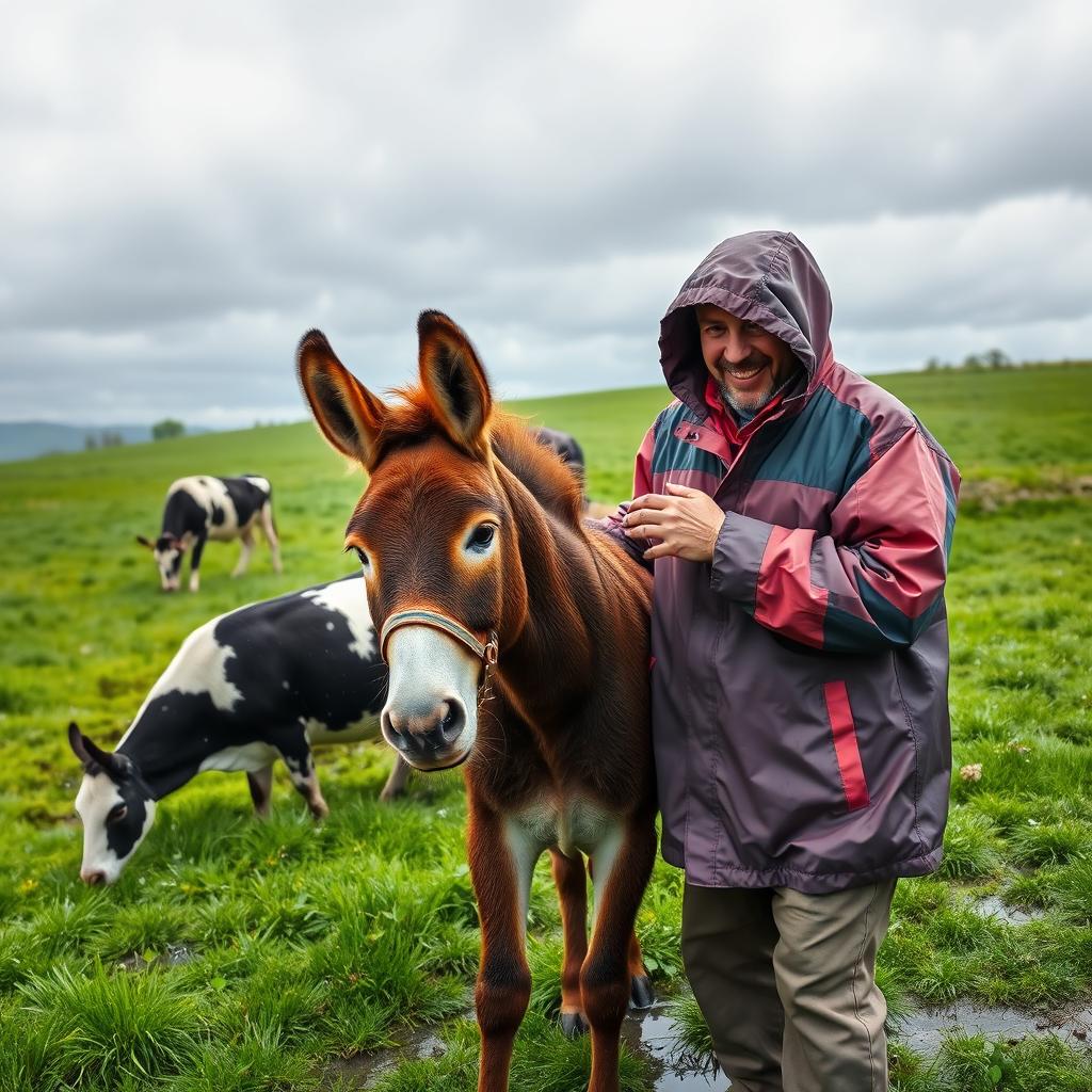 A heartwarming scene featuring a brown donkey standing closely next to its smiling owner, who is dressed in a colorful raincoat, under a gentle rain
