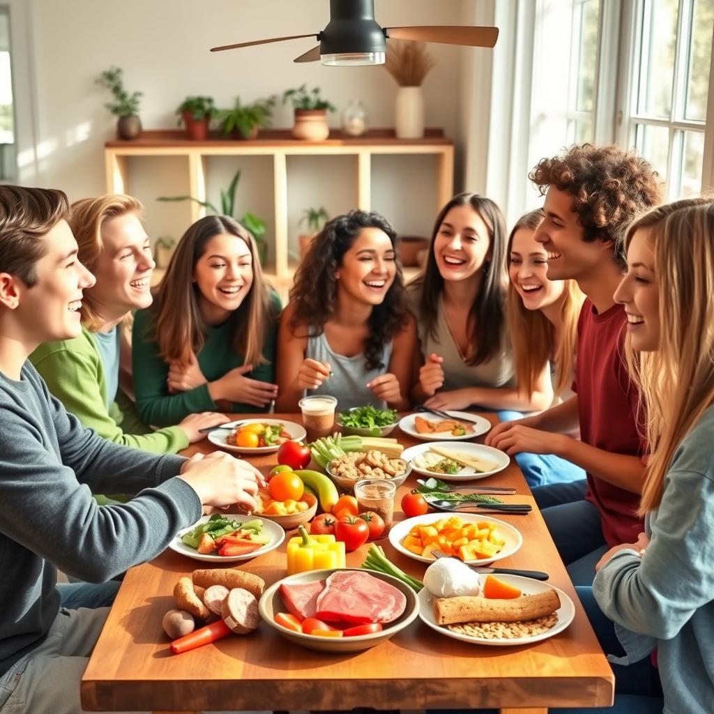 A vibrant scene depicting a diverse group of teenagers engaged in a healthy meal together, showcasing a colorful array of nutritious foods such as fruits, vegetables, whole grains, and lean proteins on a beautifully set dining table