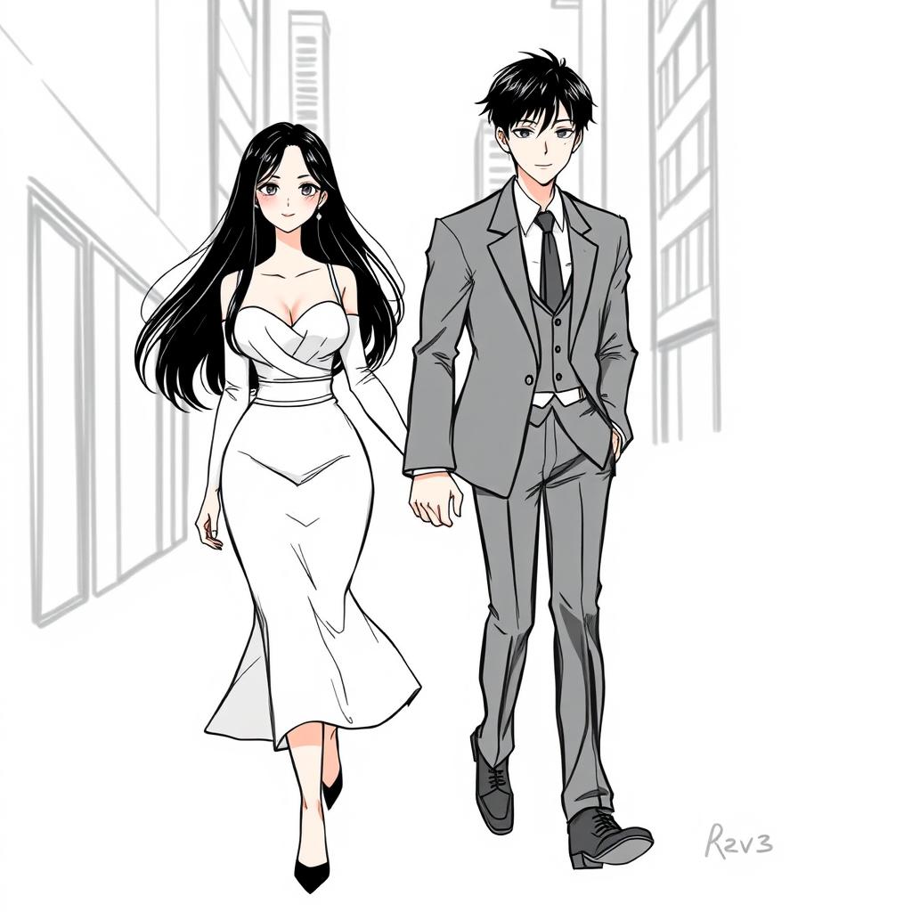A mesmerizing manhwa-style sketch featuring an elegant adult female character with long, waist-length black hair, radiating beauty and sophistication