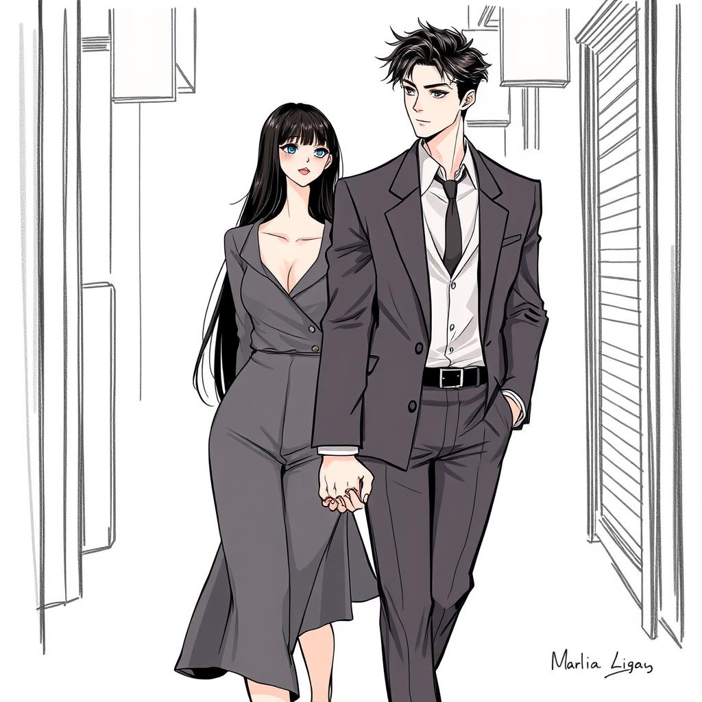 A captivating manhwa-style sketch featuring a stunning adult female character with long, waist-length black hair, exuding beauty and elegance