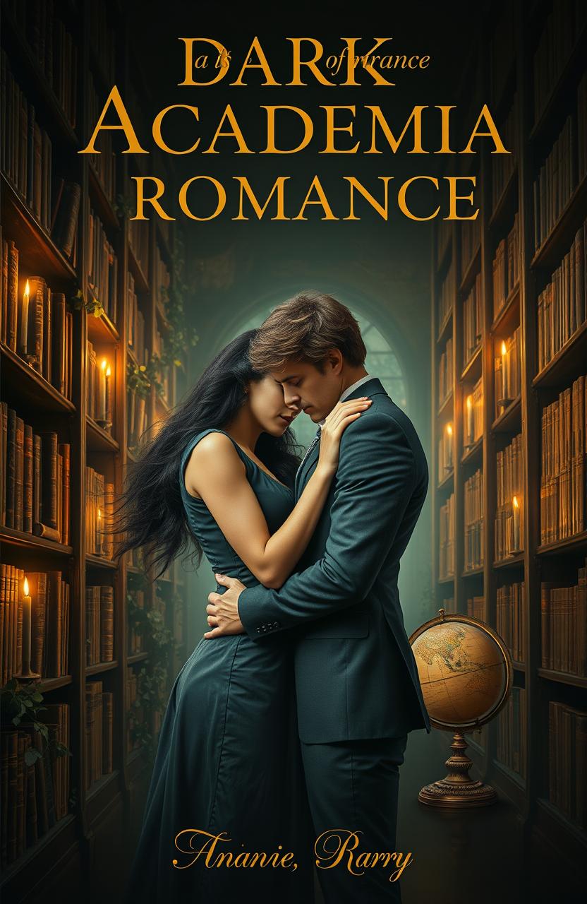 A captivating dark academia romance book cover featuring a moody library scene with tall, ancient wooden shelves filled with books, dimly lit by warm, golden candlelight