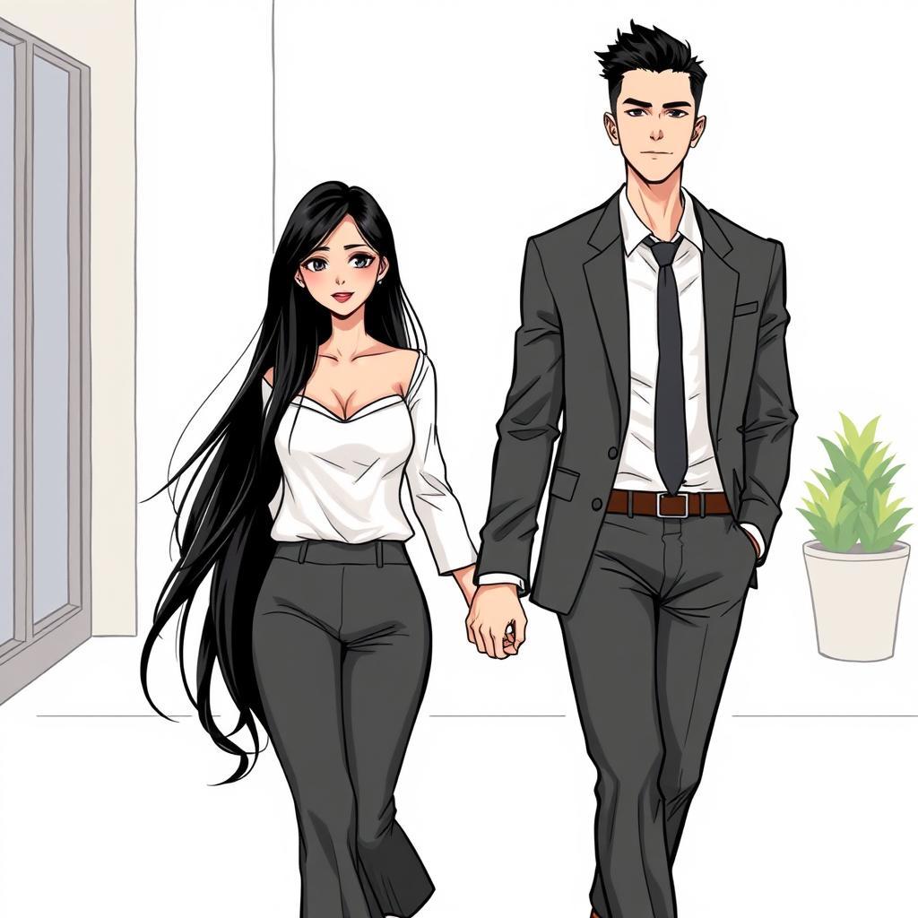 A manhwa style illustration of a beautiful woman with long black hair reaching her waist, walking hand in hand with a tall, handsome man