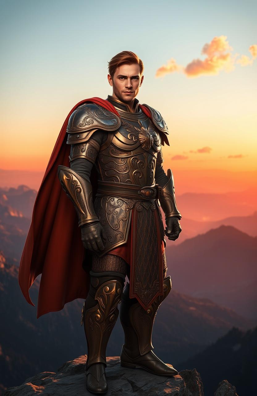 A heroic character standing tall on a mountain peak during sunset