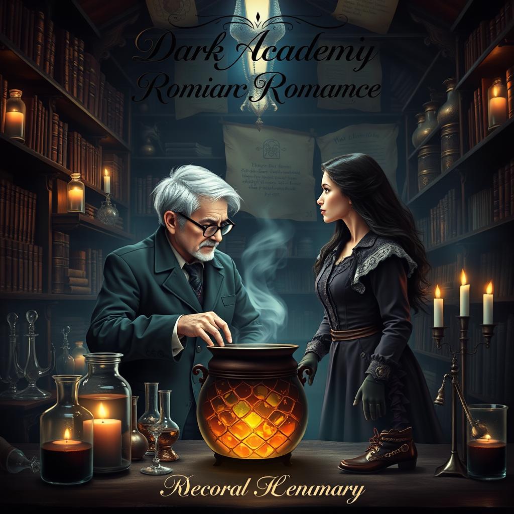 A mesmerizing dark academia romance book cover set in a mystical potions lab, filled with shelves of ancient books, glowing potions, and intricate glassware
