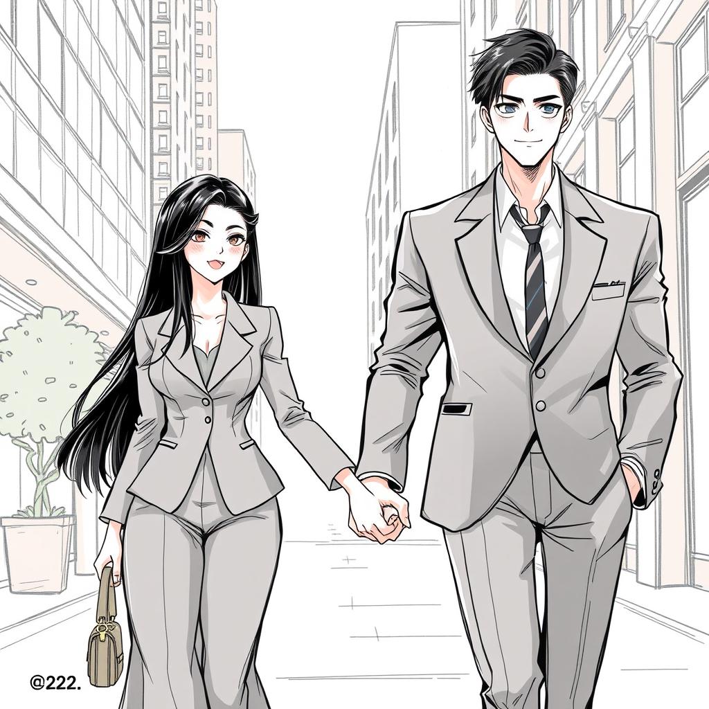 A captivating manhwa-style sketch featuring a beautiful adult female character with long, waist-length black hair, radiating elegance and charm