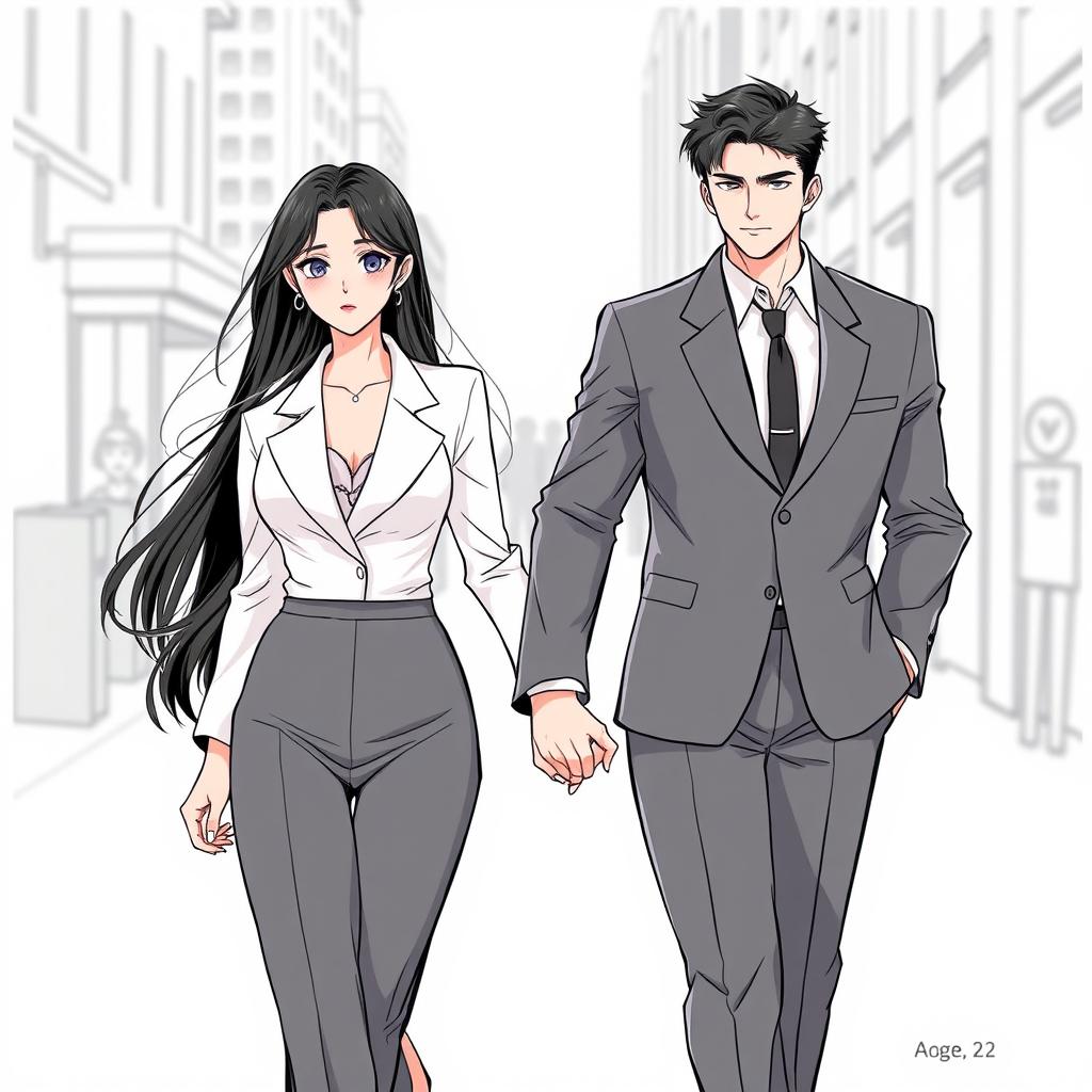 A stunning manhwa-style sketch featuring a beautiful adult female character with long, waist-length black hair, exuding elegance and charm