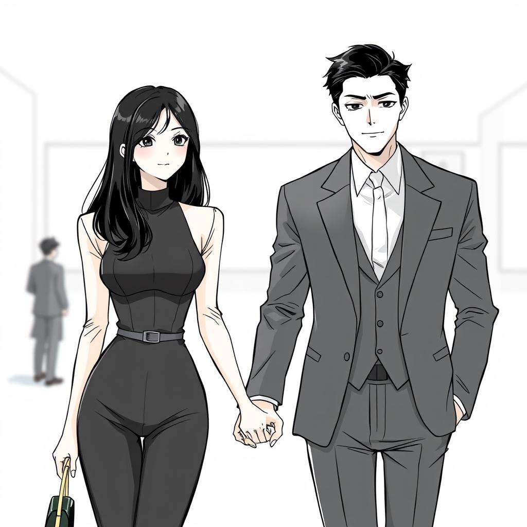 A beautiful manhwa-style sketch depicting an elegant adult female character with long, waist-length black hair, radiating grace and beauty