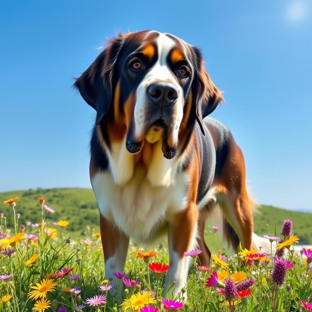 A majestic big dog, like a Great Dane or Saint Bernard, standing proudly on a grassy hilltop under a clear blue sky