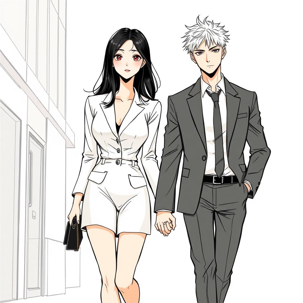 A visually striking manhwa-style sketch featuring a beautiful adult female character with long, waist-length black hair, exuding elegance and allure
