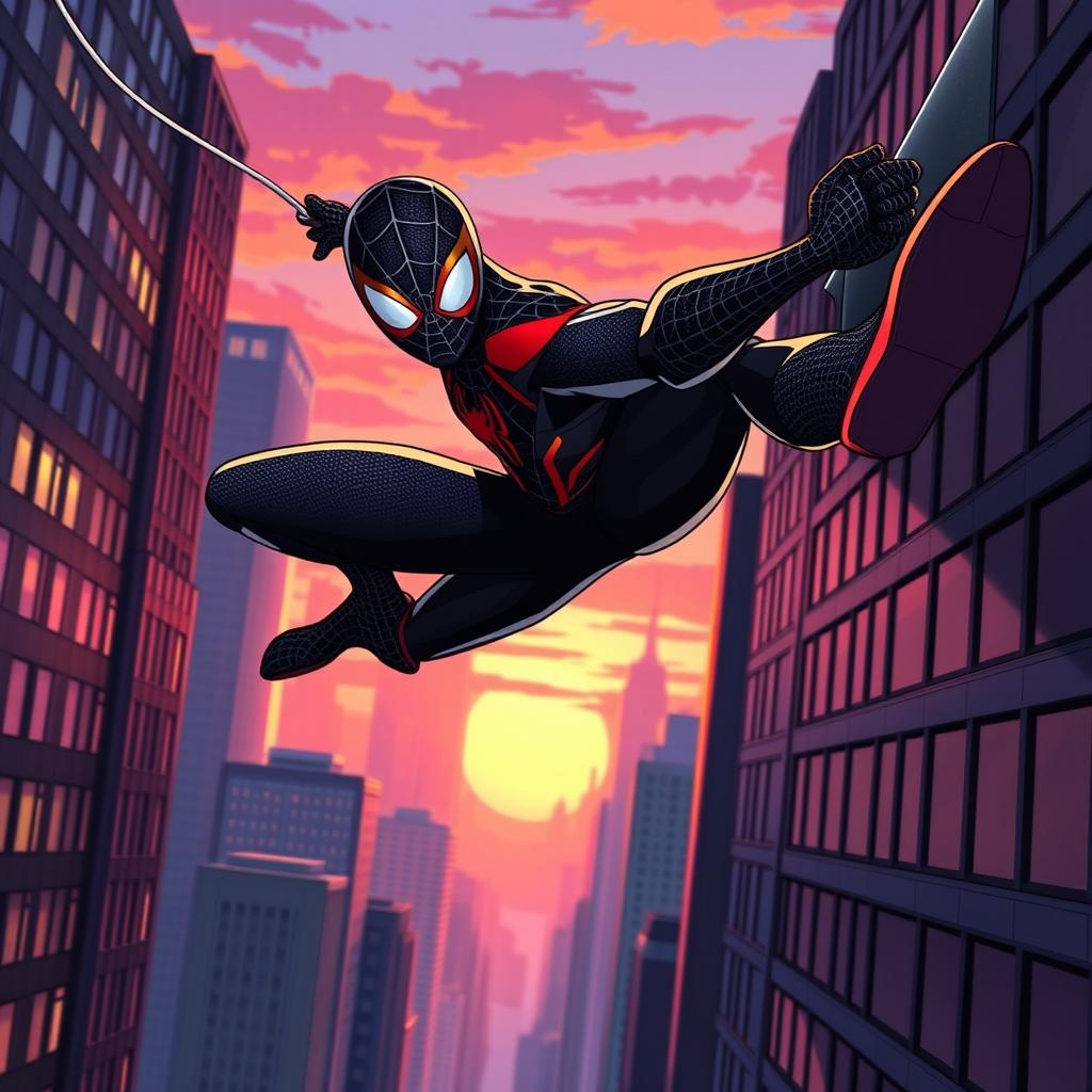 A dynamic illustration of Miles Morales, the Spider-Man character, swinging through the city of New York
