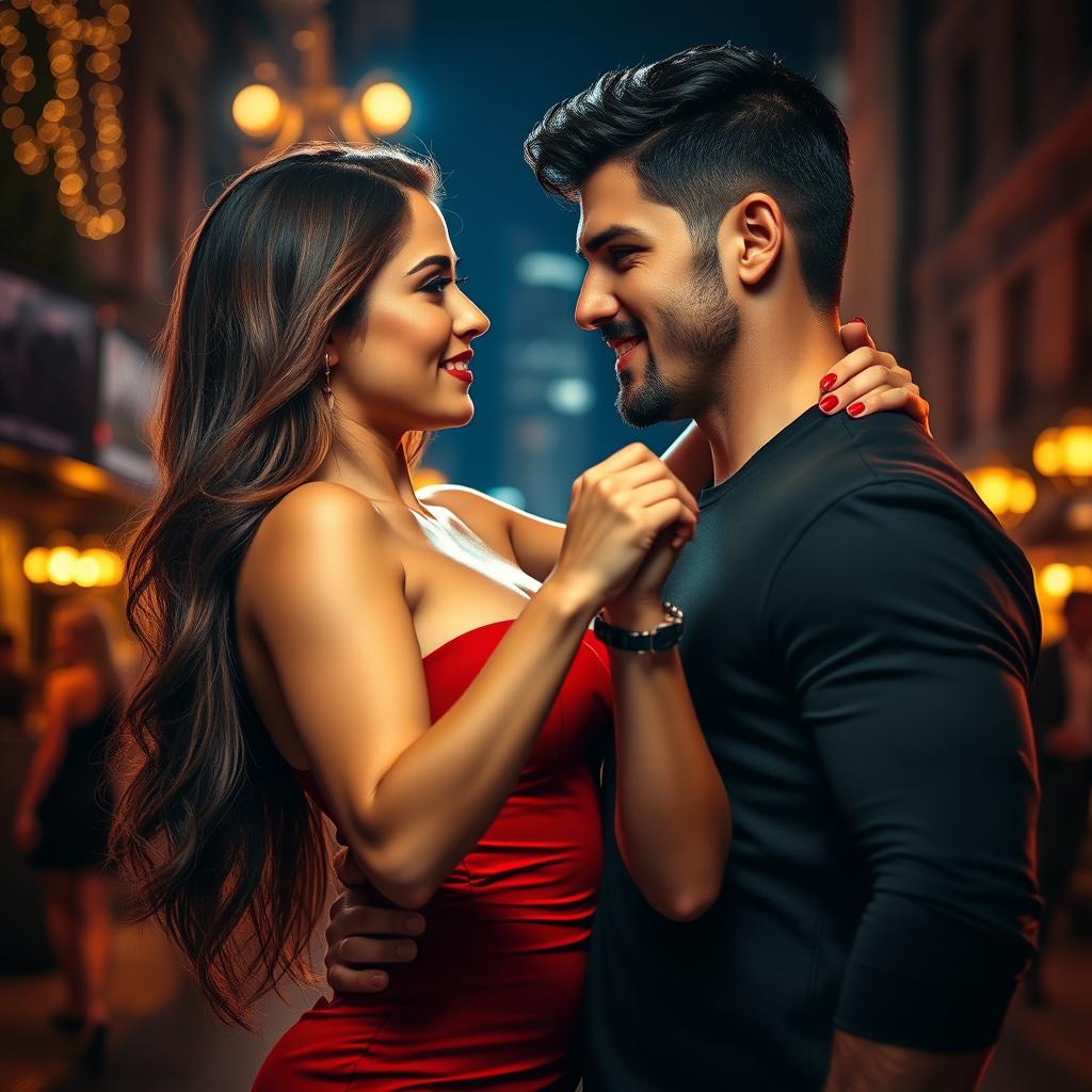 A passionate and intense scene featuring a stunningly attractive woman with luscious long hair, wearing a classy, form-fitting red dress
