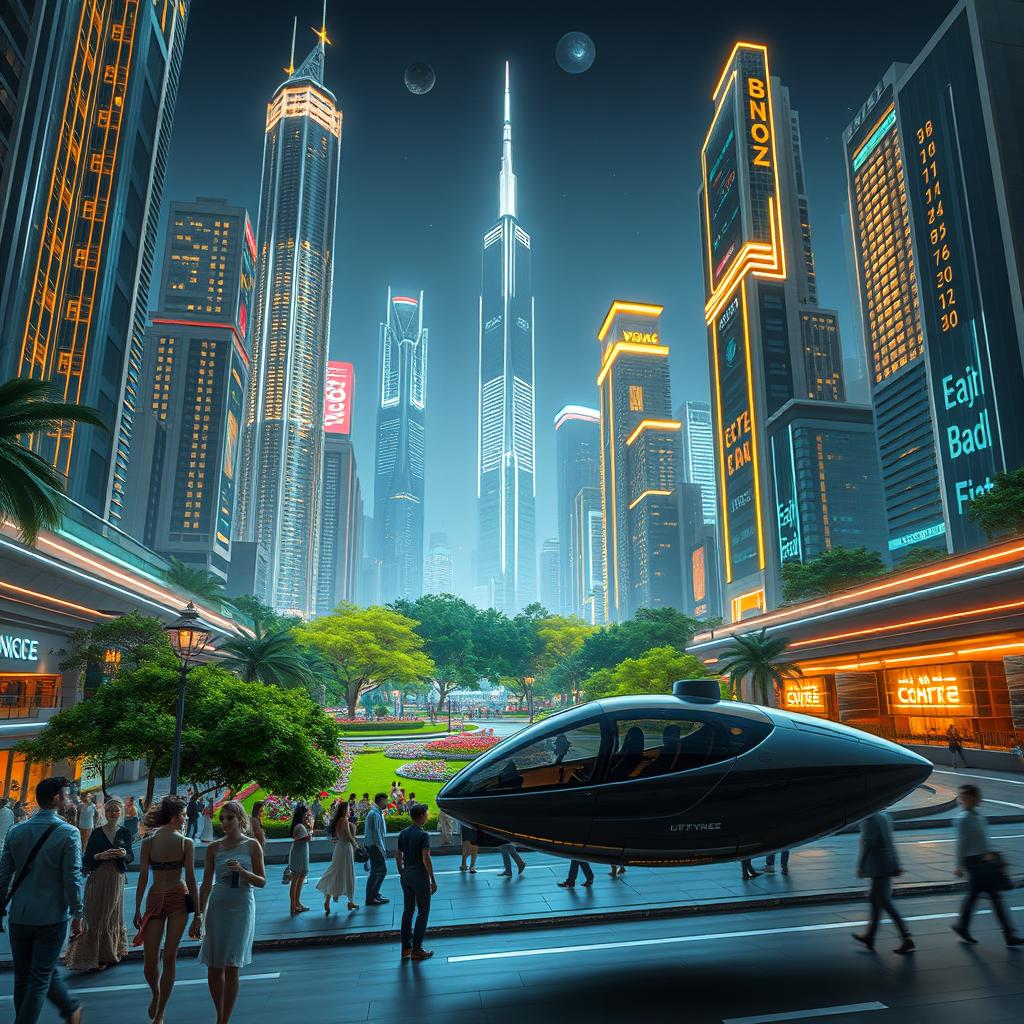 A futuristic city with tall, glowing skyscrapers reaching into the night sky