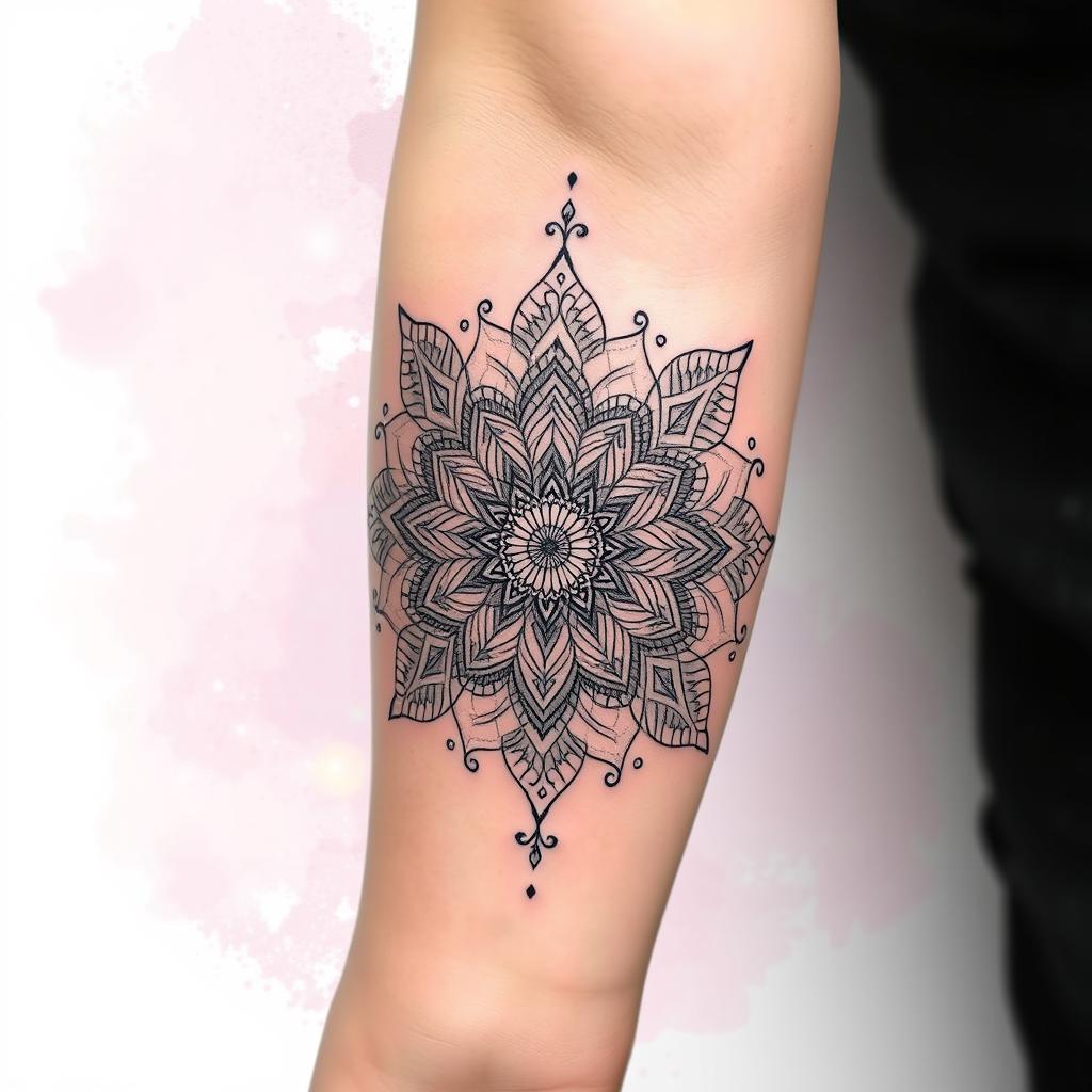 A beautifully detailed tattoo design featuring intricate mandala patterns, surrounded by delicate floral elements and geometric shapes