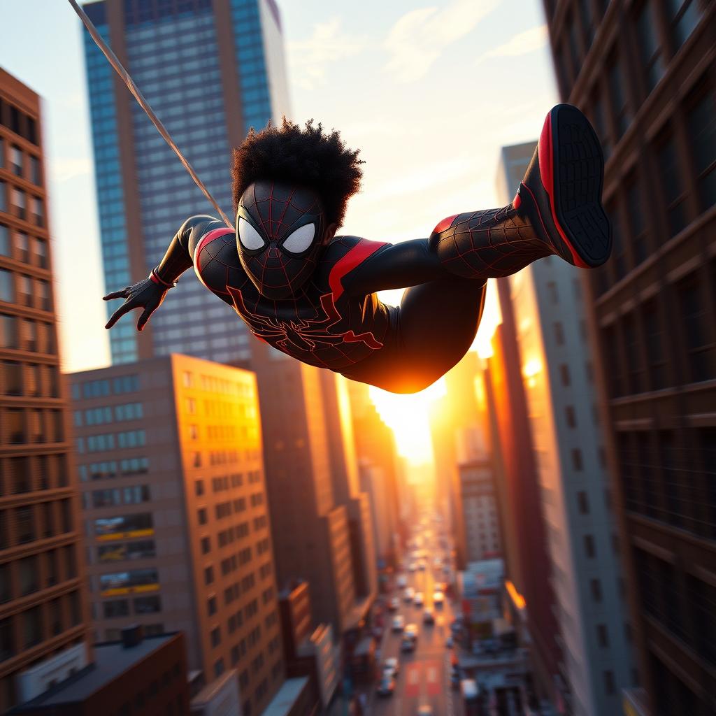 A dynamic and vibrant scene depicting Miles Morales, the Afro-Latino superhero known as Spider-Man, swinging through the bustling streets of New York City