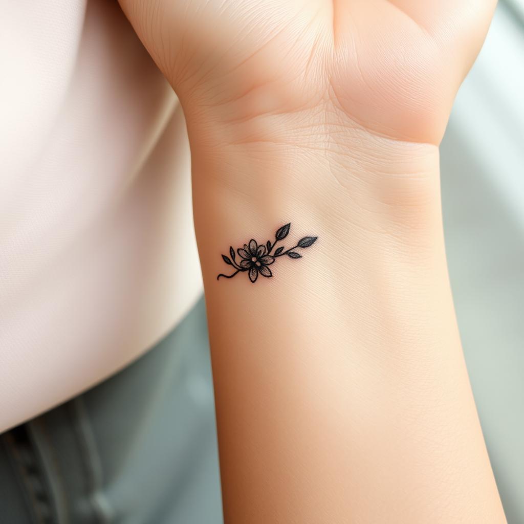 A small, intricately designed tattoo featuring a delicate floral pattern with soft, flowing lines