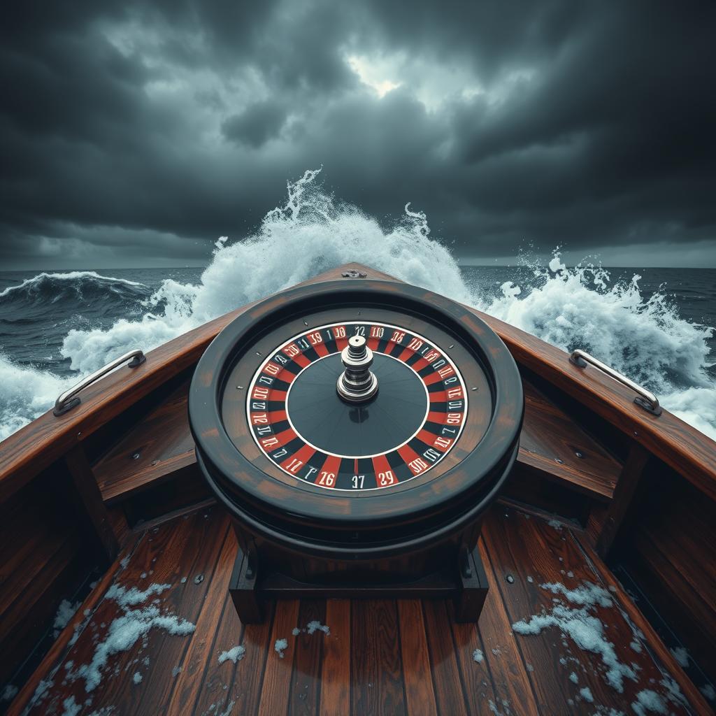 A beautifully designed roulette wheel placed on a classic wooden boat, amidst a stormy sea