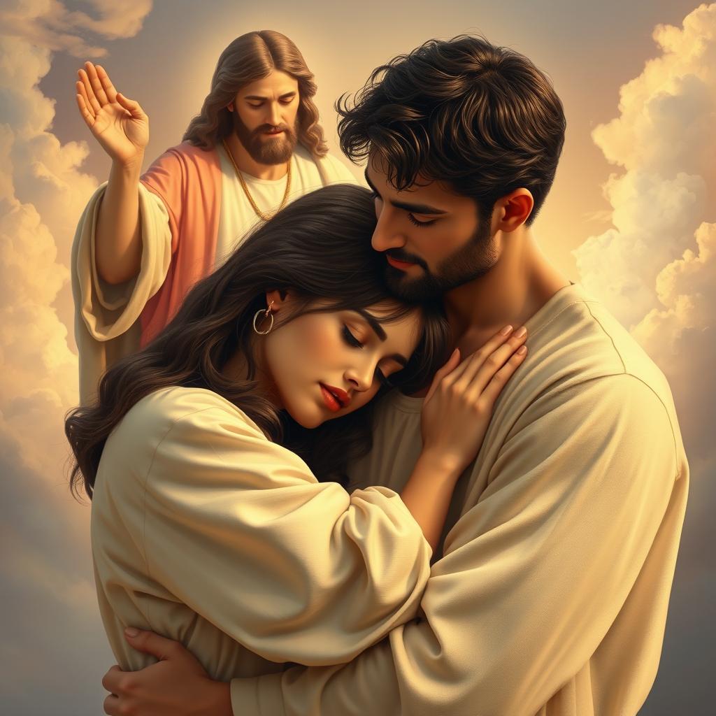 A heartfelt scene depicting a loving couple embraced together, the woman resting her head on her boyfriend's chest