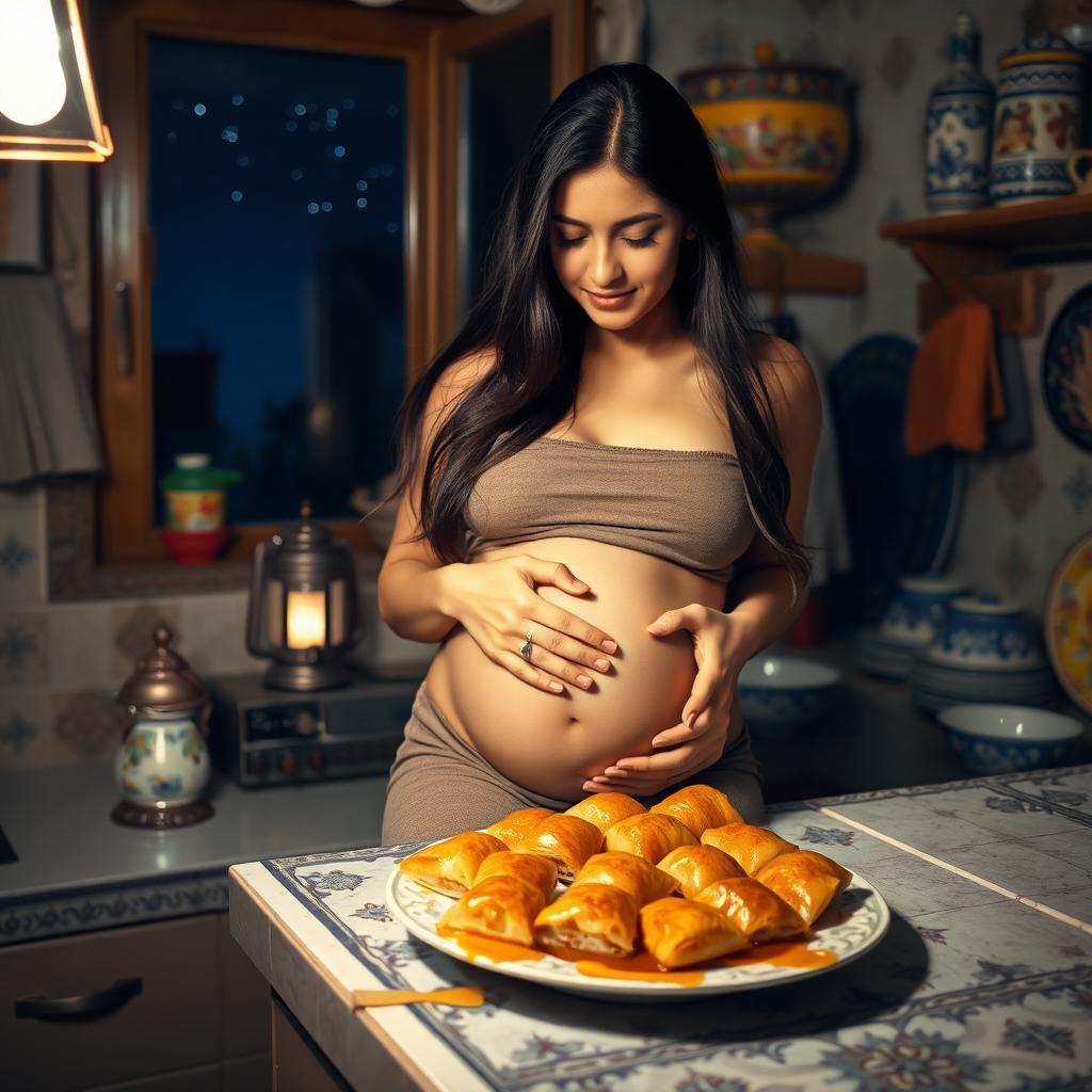 A beautiful Iranian pregnant woman sitting on a kitchen counter in the middle of the night, softly illuminated by the warm glow of a nearby lantern