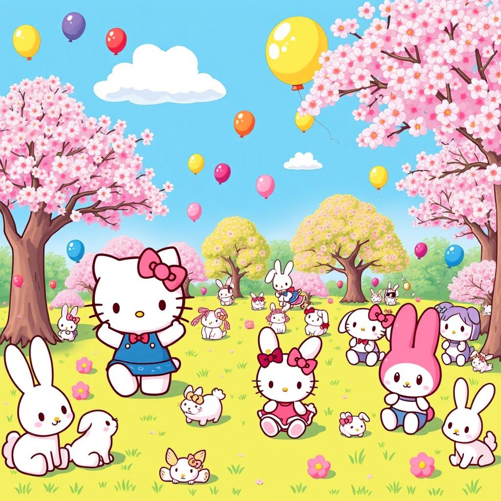 A whimsical and colorful scene featuring adorable Sanrio characters, such as Hello Kitty, Pompompurin, and My Melody, enjoying a sunny day in a vibrant park