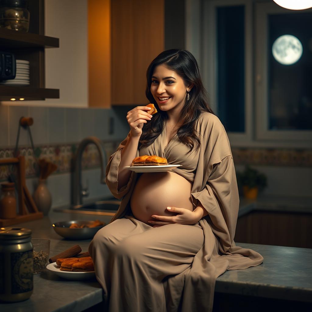 A pregnant Iranian woman sitting on a kitchen counter in the middle of the night, indulging in a plate of delicious baklava