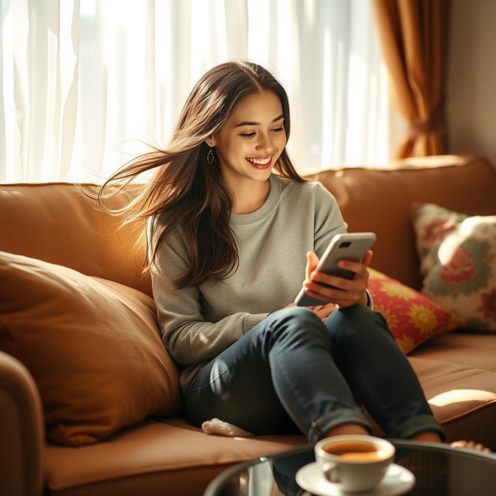 A young woman in casual attire sitting comfortably on a plush sofa while looking at her smartphone, with a bright smile and laughter illuminating her face