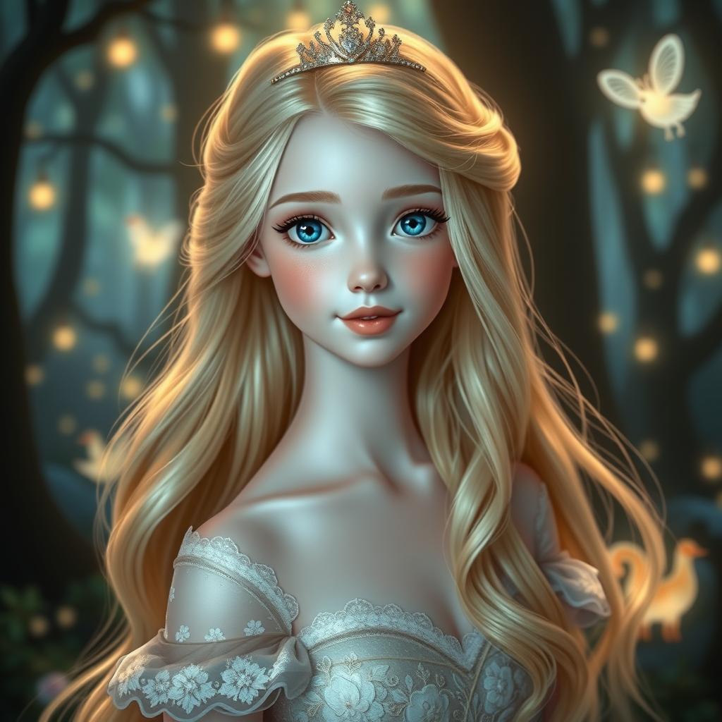 A beautiful princess with long, flowing blonde hair, featuring a fair complexion as white as snow