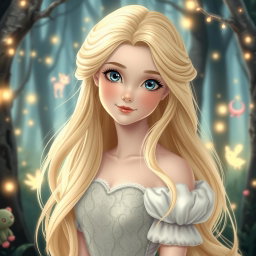 A beautiful princess with long, flowing blonde hair, featuring a fair complexion as white as snow