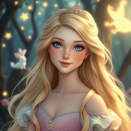 A beautiful princess with long, flowing blonde hair, featuring a fair complexion as white as snow