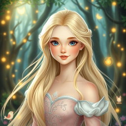 A beautiful princess with long, flowing blonde hair, featuring a fair complexion as white as snow