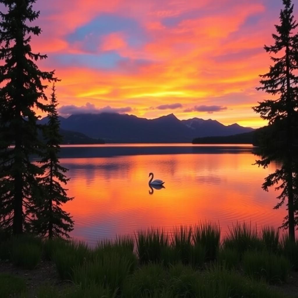 A serene landscape at sunset, featuring a calm lake reflecting the vibrant colors of the sky, with deep oranges, pinks, and blues blending together