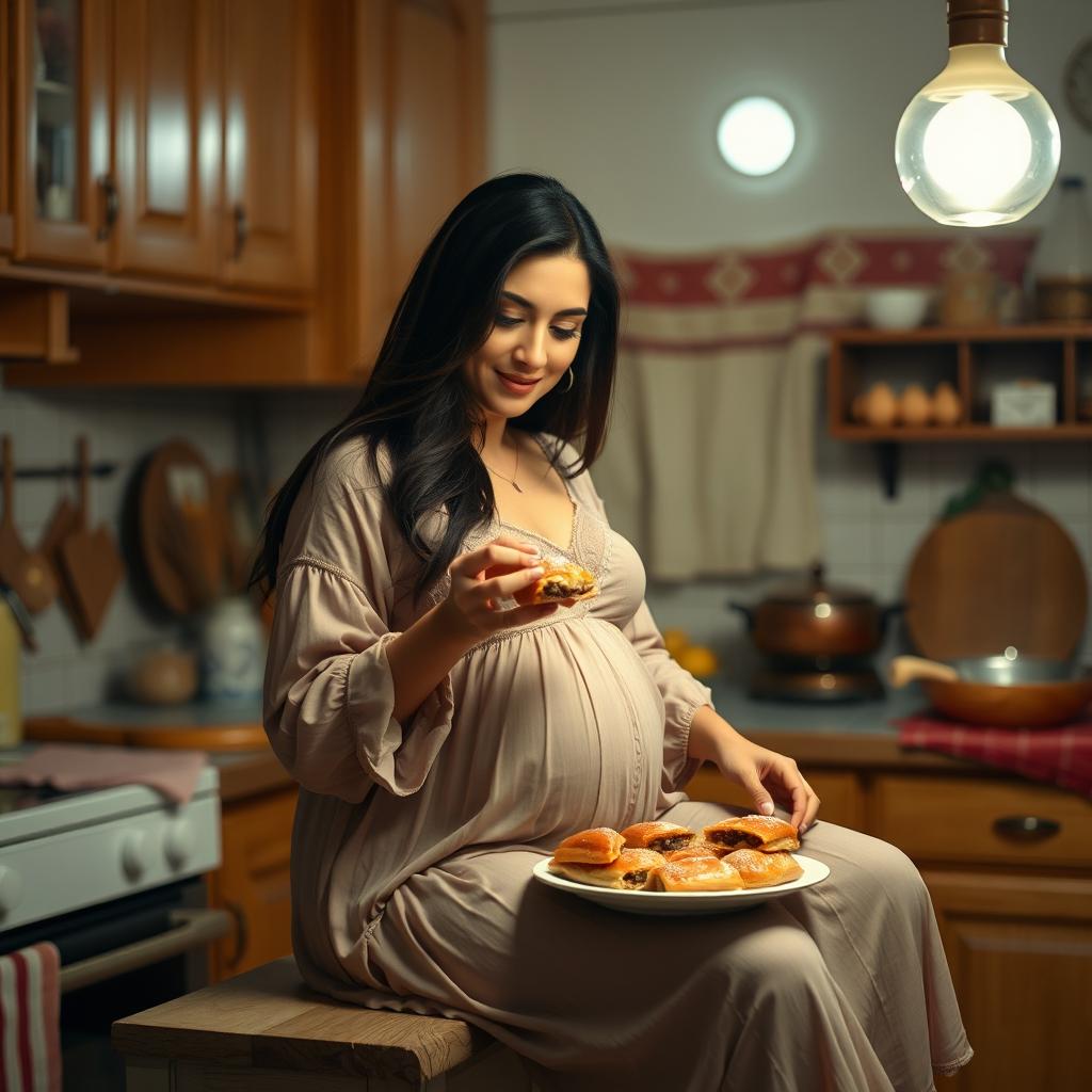 A pregnant Iranian woman sitting on a kitchen counter in the soft glow of moonlight, indulging in a plate of delicious baklava