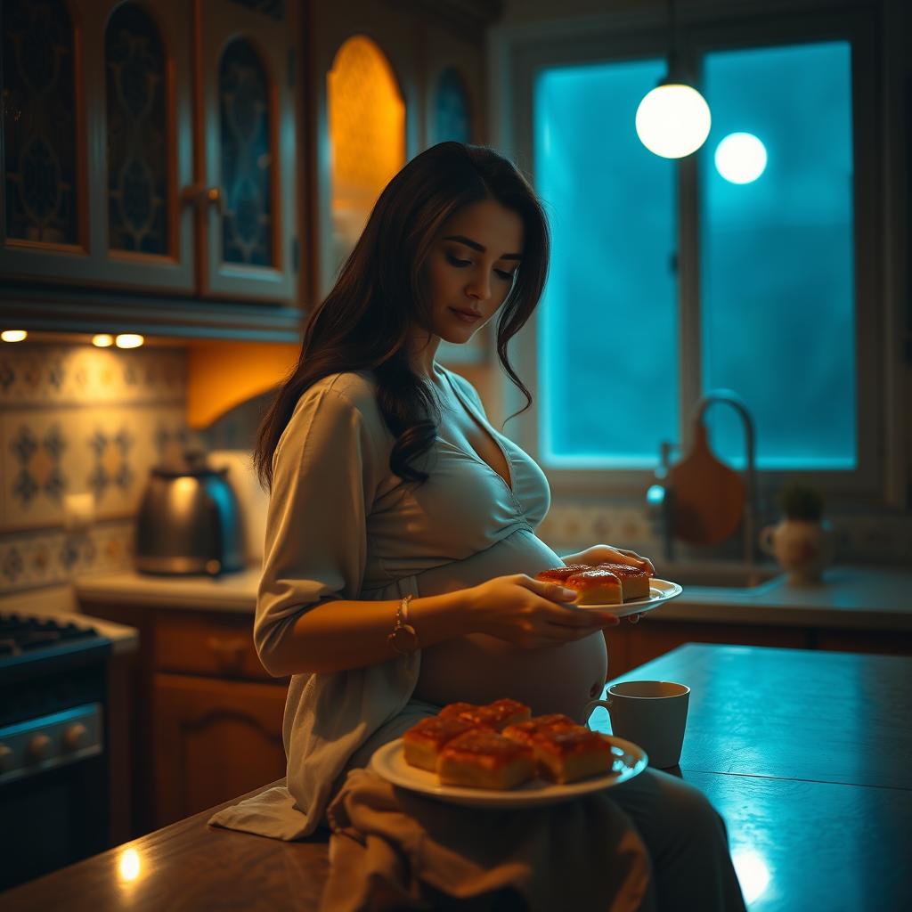 A beautiful Iranian lady in a serene kitchen at midnight, glowing with a soft light