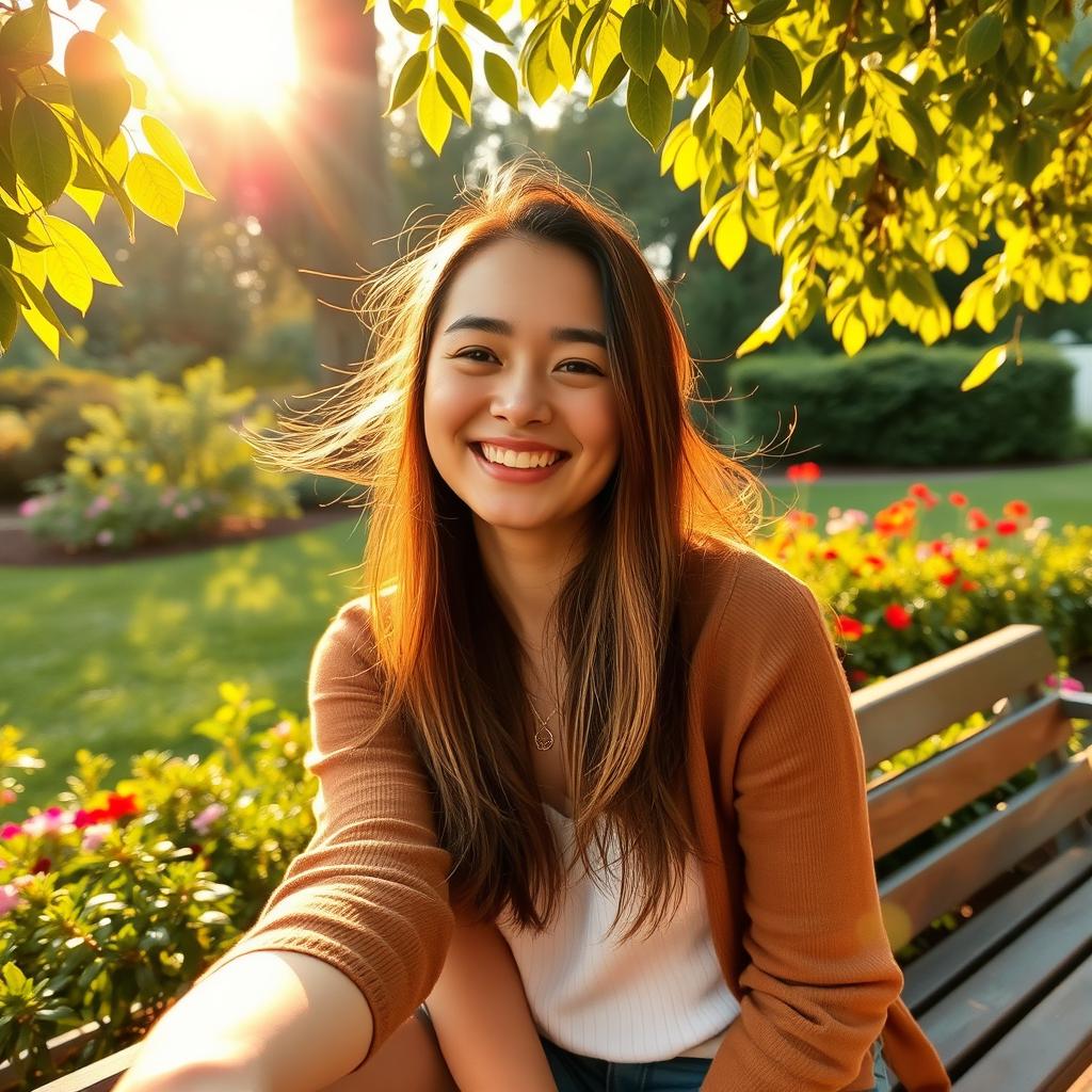 A self-portrait of a person in a serene outdoor setting during golden hour