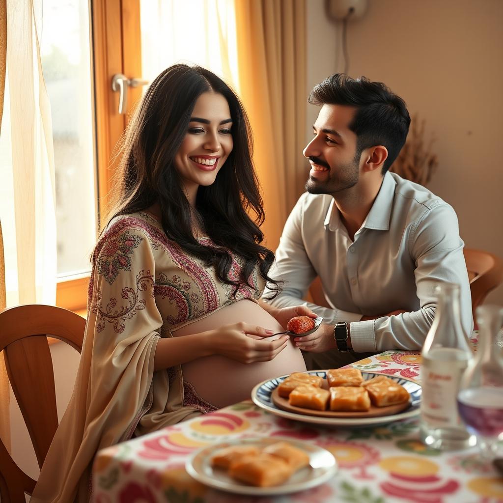 A beautiful Iranian pregnant woman with long dark hair wearing a flowing traditional dress, sitting gracefully at a dining table adorned with a colorful tablecloth