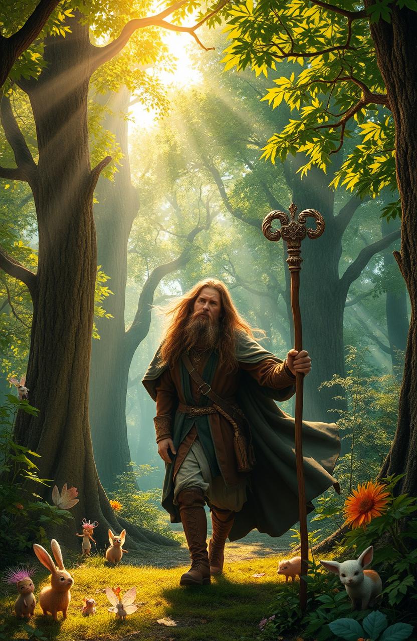 An adventurous long-haired English man exploring a vibrant, enchanting fantasy forest