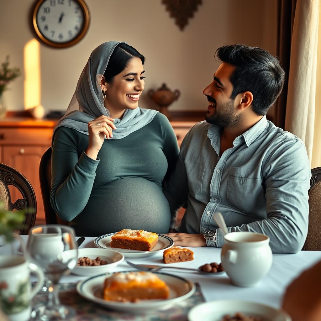 A pregnant Iranian woman sitting at a beautifully set dining table at 3 o'clock in the afternoon, savoring a piece of baklava