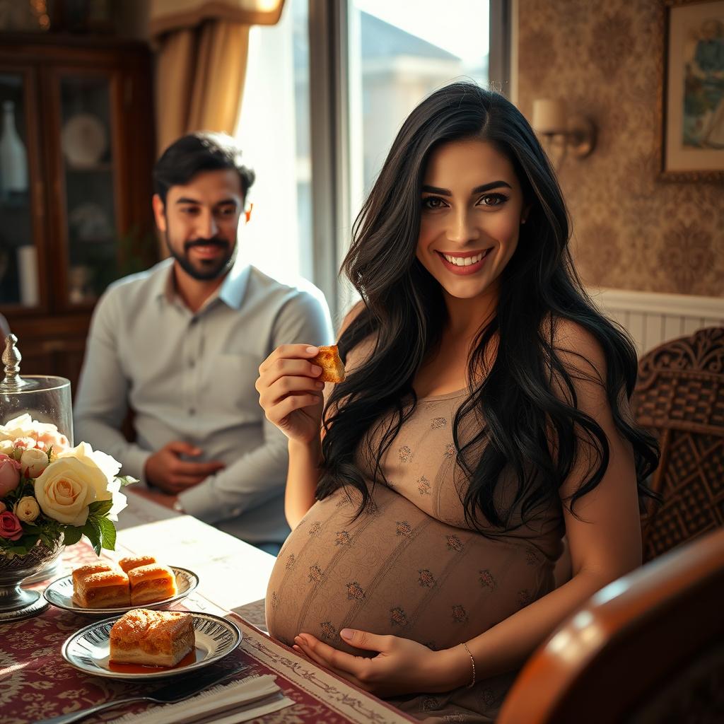 A beautiful Iranian pregnant woman sitting at a dining table, enjoying a piece of baklava
