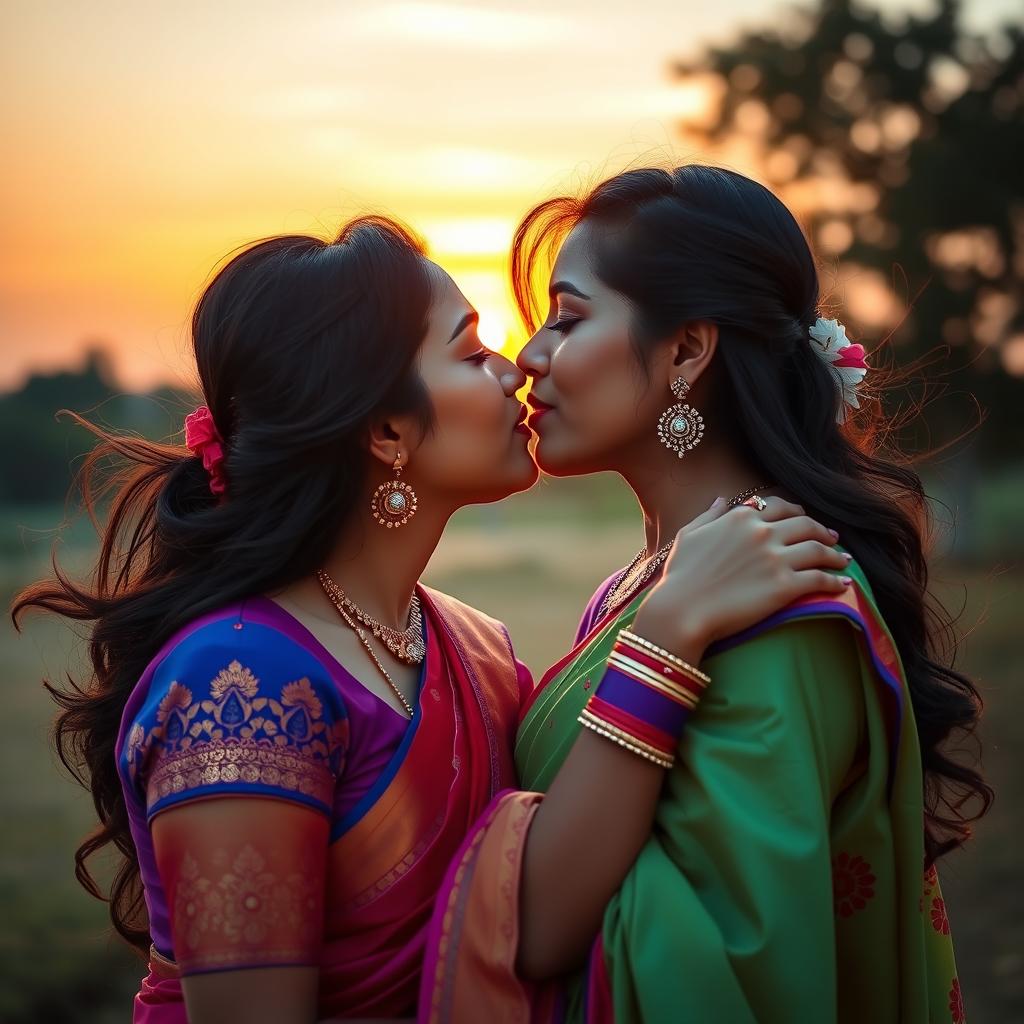 A romantic scene of two Indian women sharing a tender kiss, surrounded by a serene and beautiful sunset backdrop