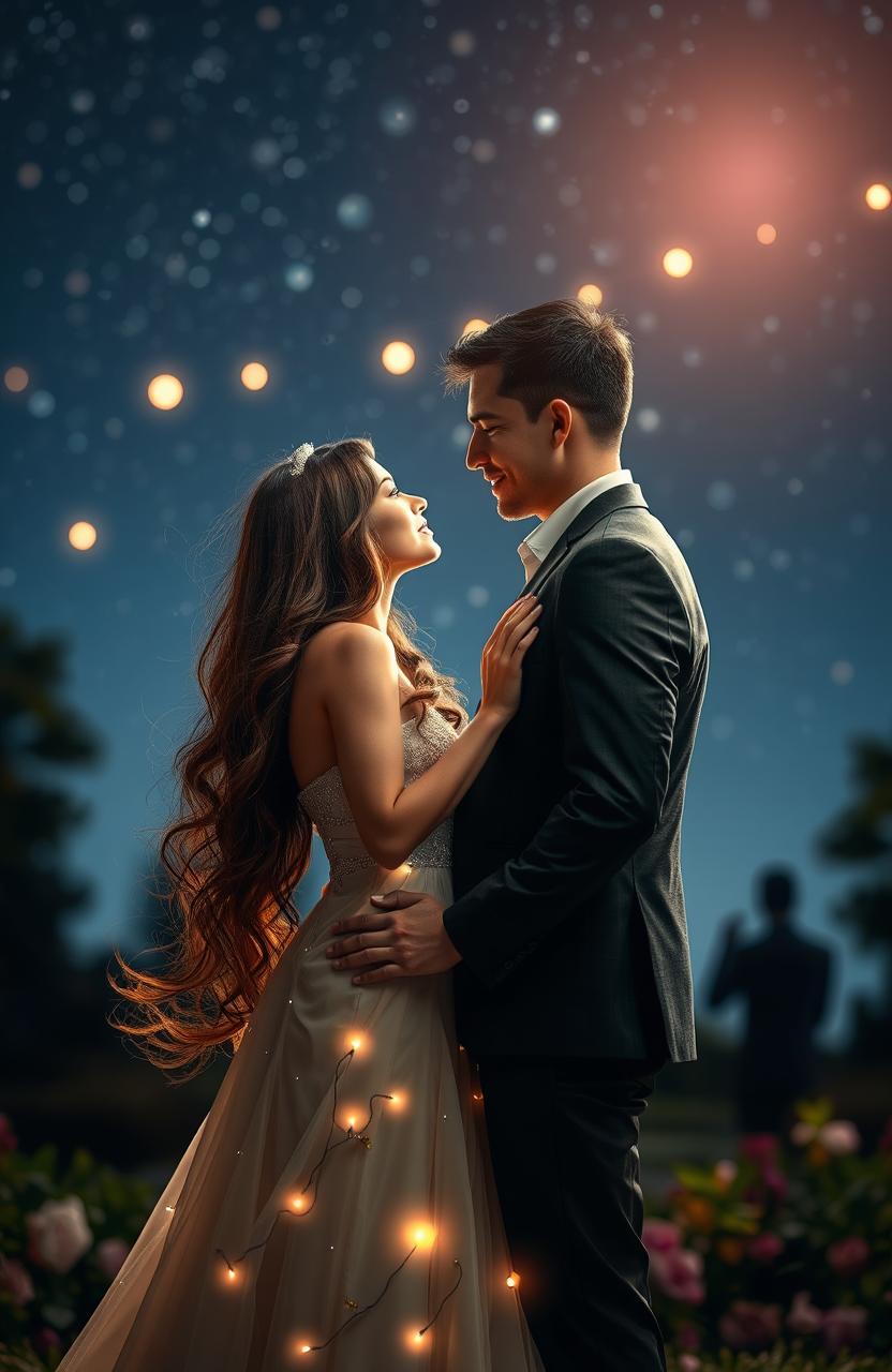 A romantic scene capturing the essence of deep love and devotion, featuring a couple standing together under a starlit night sky