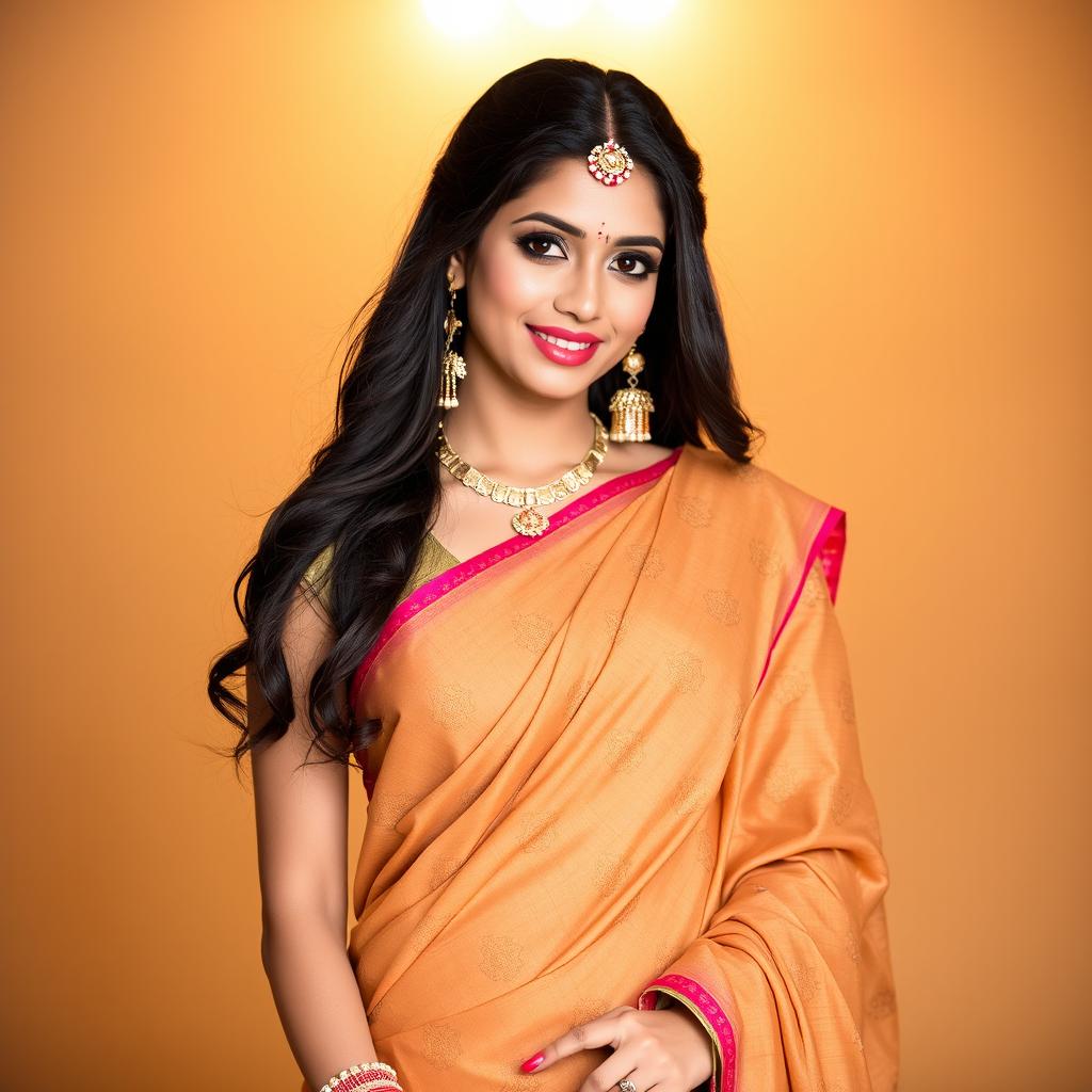 A beautiful Indian woman elegantly draped in a traditional saree, showcasing her navel gracefully