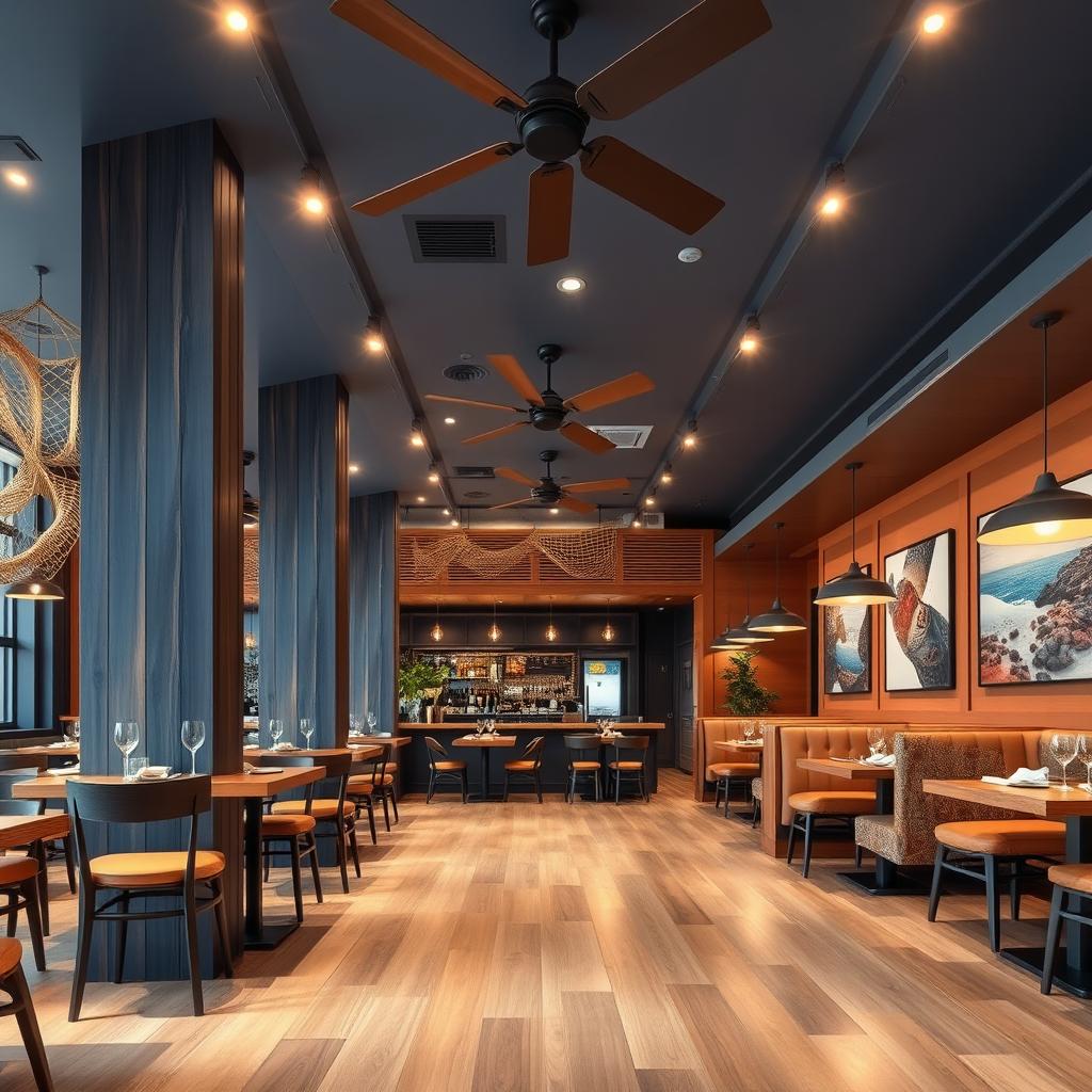 A modern seafood restaurant interior showcasing Wood Plastic Composite (WPC) wall paneling on columns and flooring to ensure durability and moisture resistance