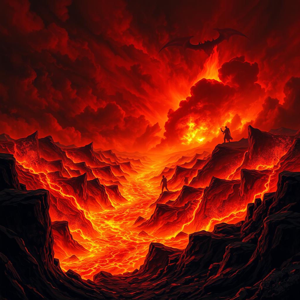 A dramatic and fiery hell background featuring a dark and chaotic landscape, with molten lava rivers flowing through jagged rock formations