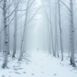 a mystical white forest filled with ethereal white trees covered in snow, creating a serene yet gloomy atmosphere