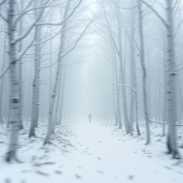 a mystical white forest filled with ethereal white trees covered in snow, creating a serene yet gloomy atmosphere