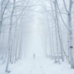 a mystical white forest filled with ethereal white trees covered in snow, creating a serene yet gloomy atmosphere