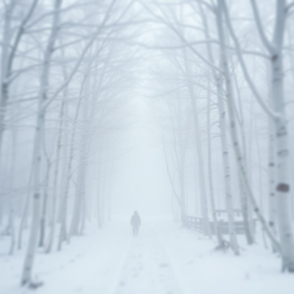 a mystical white forest filled with ethereal white trees covered in snow, creating a serene yet gloomy atmosphere