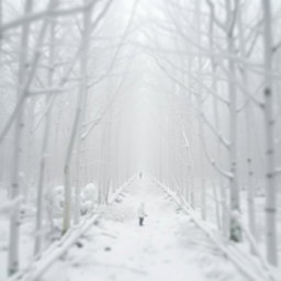 a mystical white forest filled with ethereal white trees covered in snow, creating a serene yet gloomy atmosphere