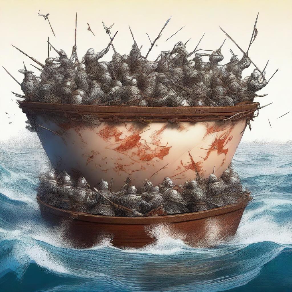 A digital art image illustrating an intense battle taking place on a water cup