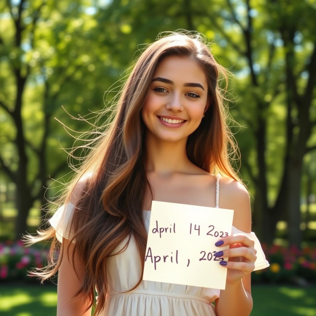 A beautiful young woman with long flowing hair, standing in a sunlit park