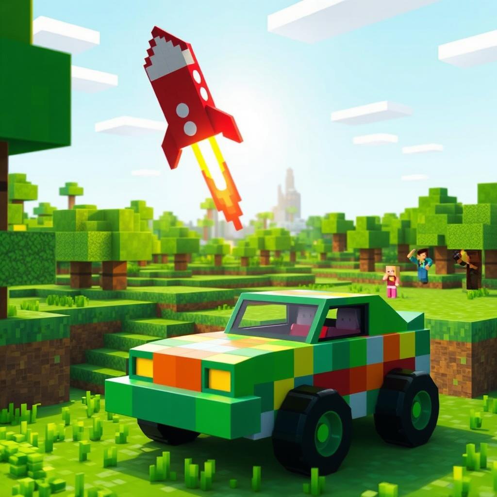 A vibrant Minecraft scene featuring a square-shaped rocket launching into the sky, with the mysterious Herobrine character observing from a distance